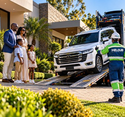MELDUB driver in PPE delivering a luxury SUV to a family